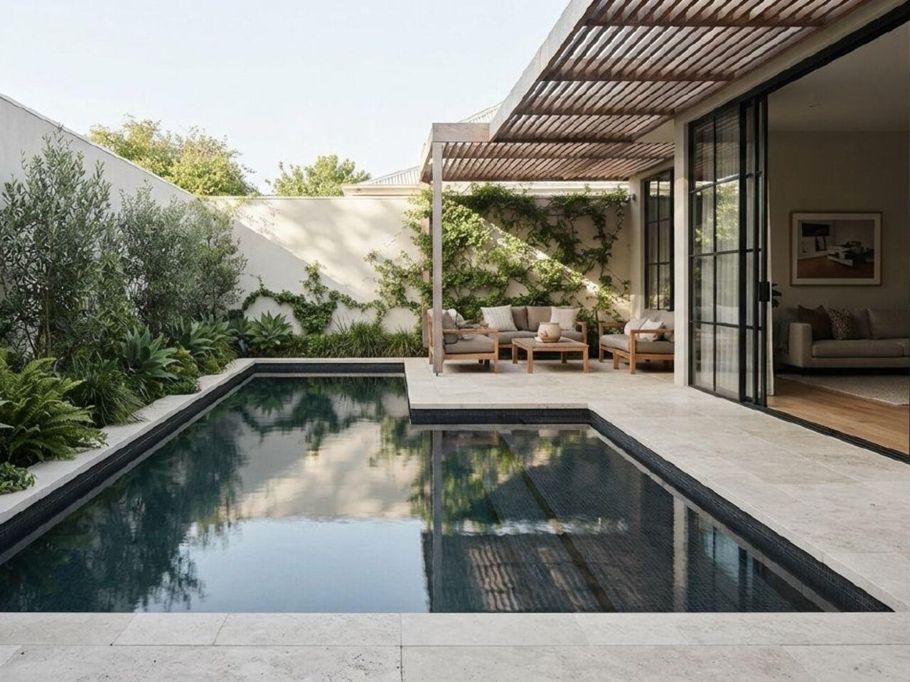Refined courtyard pool with limestone paving, pergola, and indoor-outdoor sitting area