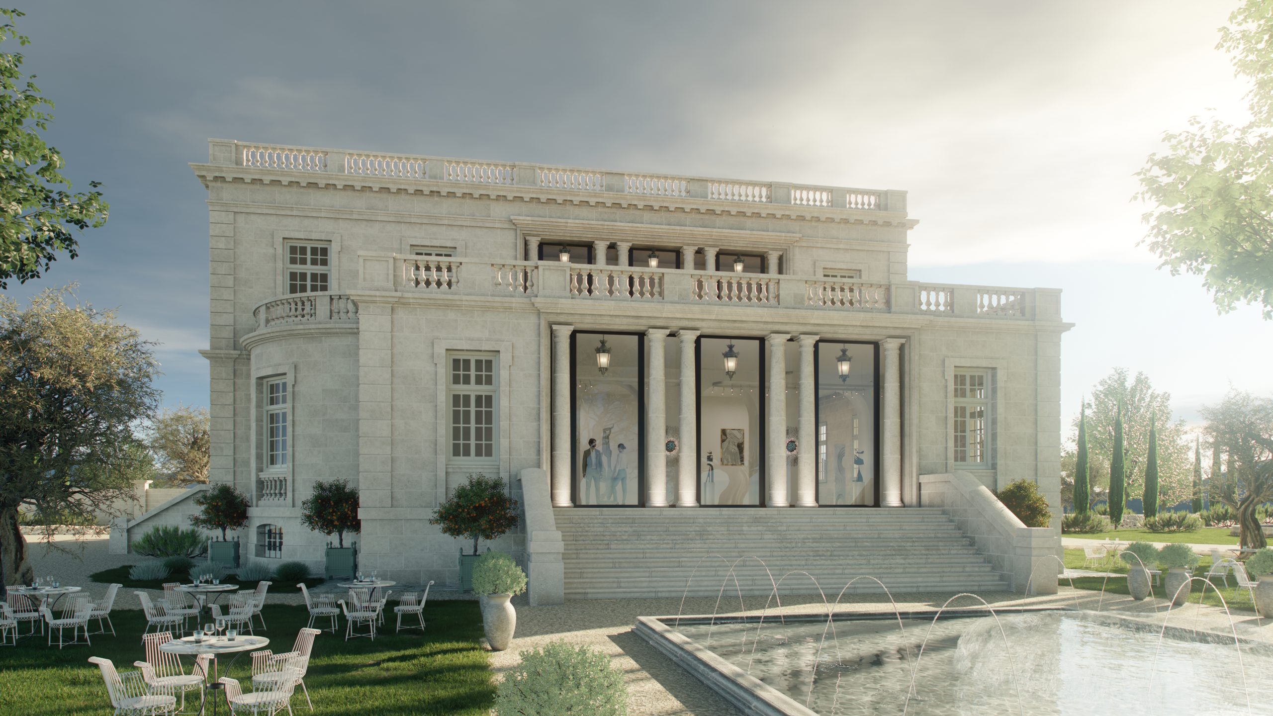 Grand limestone chateau facade with terrace and fountain