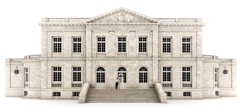 Historic chateau south facade elevation in pale limestone