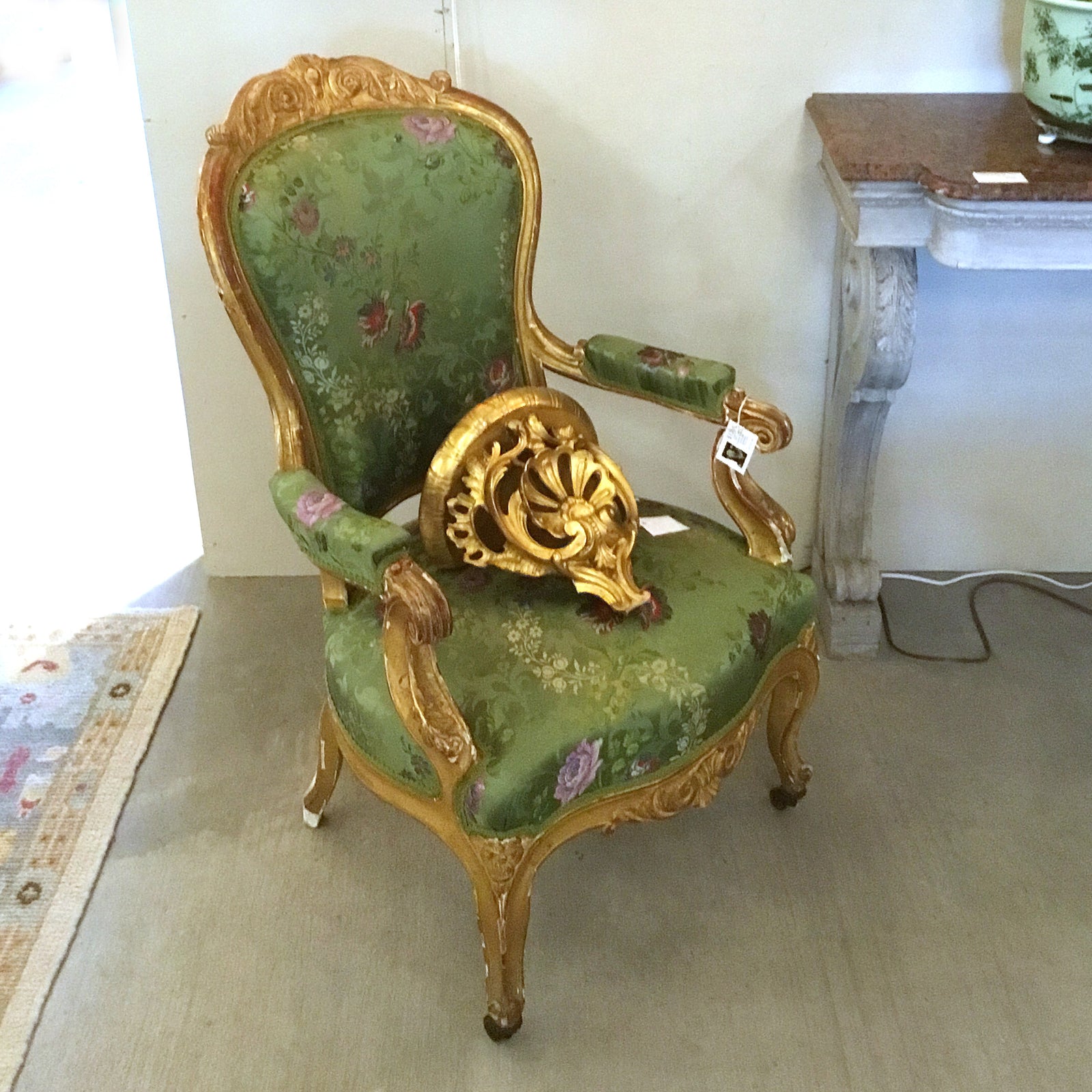 Louis XV Gilt Wood Arm Chair with Green Silk