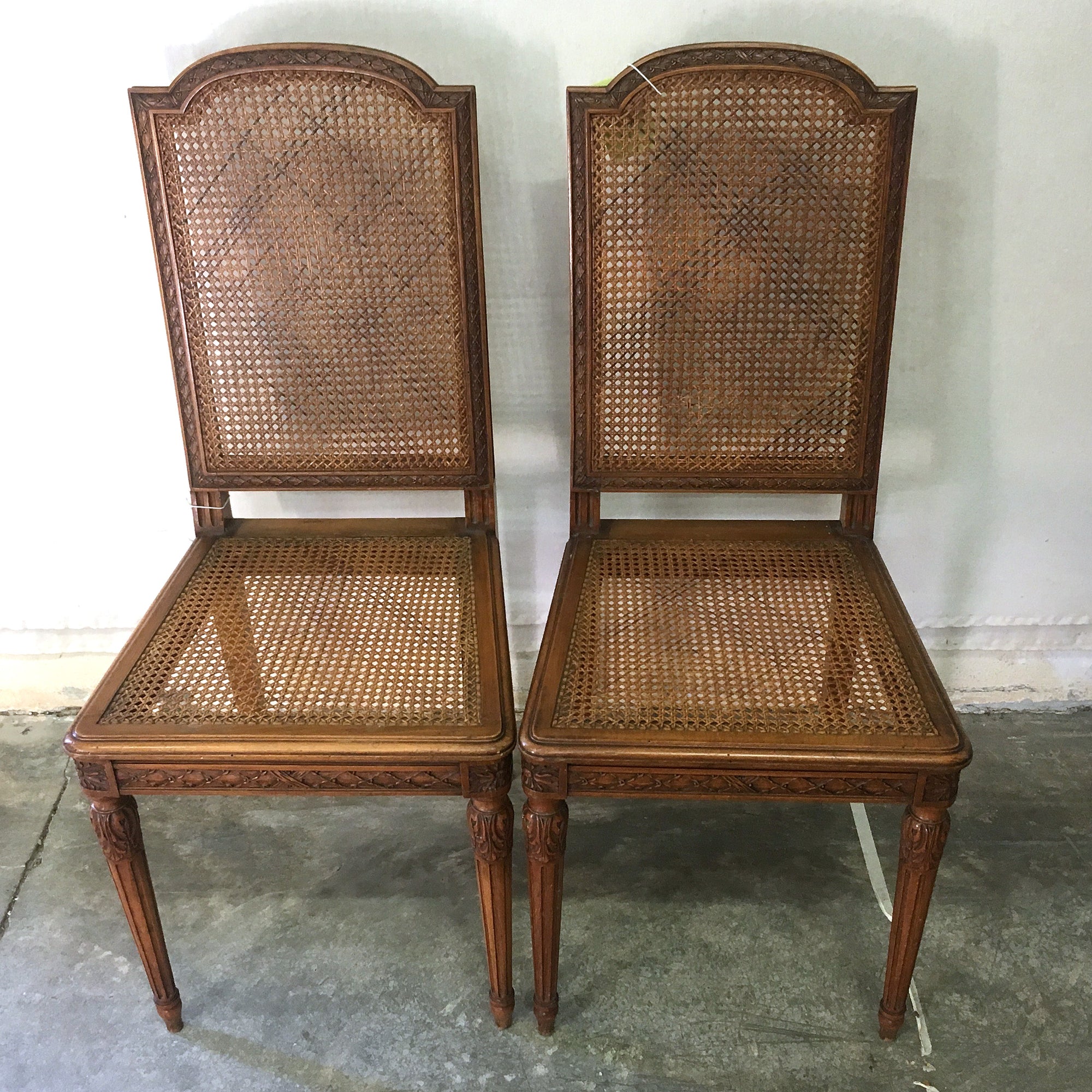 Antique French Cane Chairs with Matching Splat, Pair