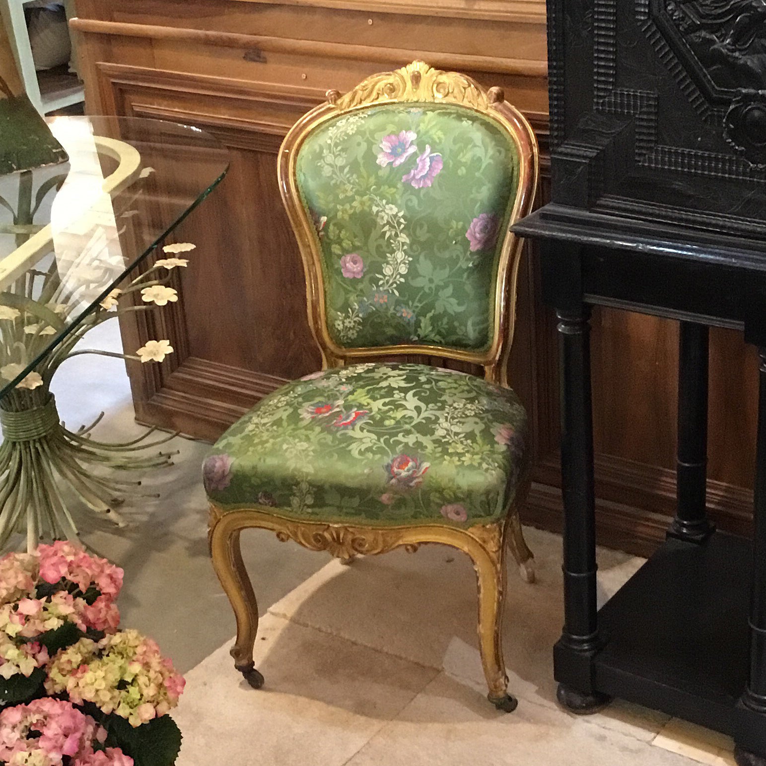 Louis XV Gilt Wood Chair with Green Silk